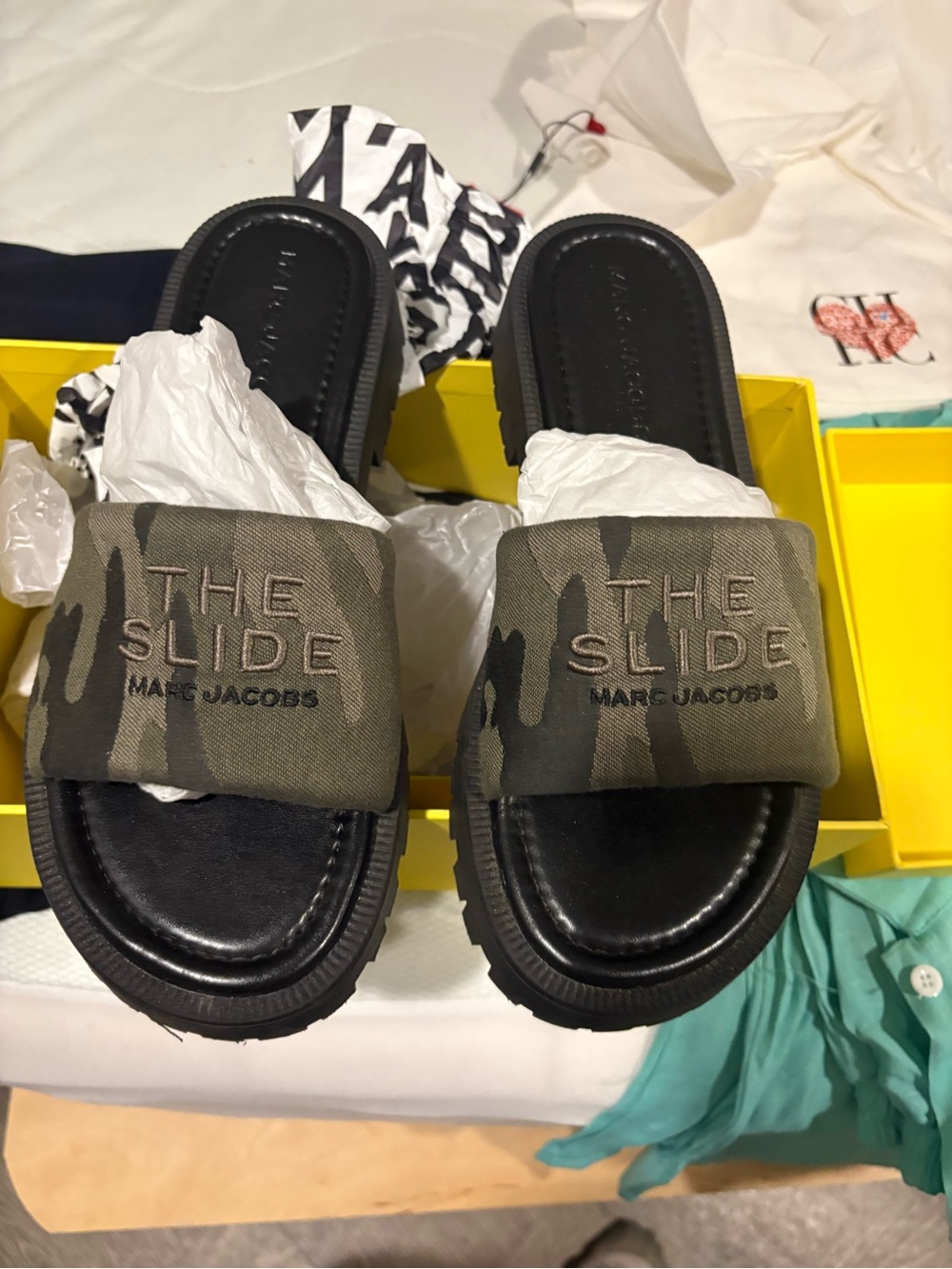 Marc Jacobs  Camouflage Green & Black 'The Slide' Padded Strap Sandals